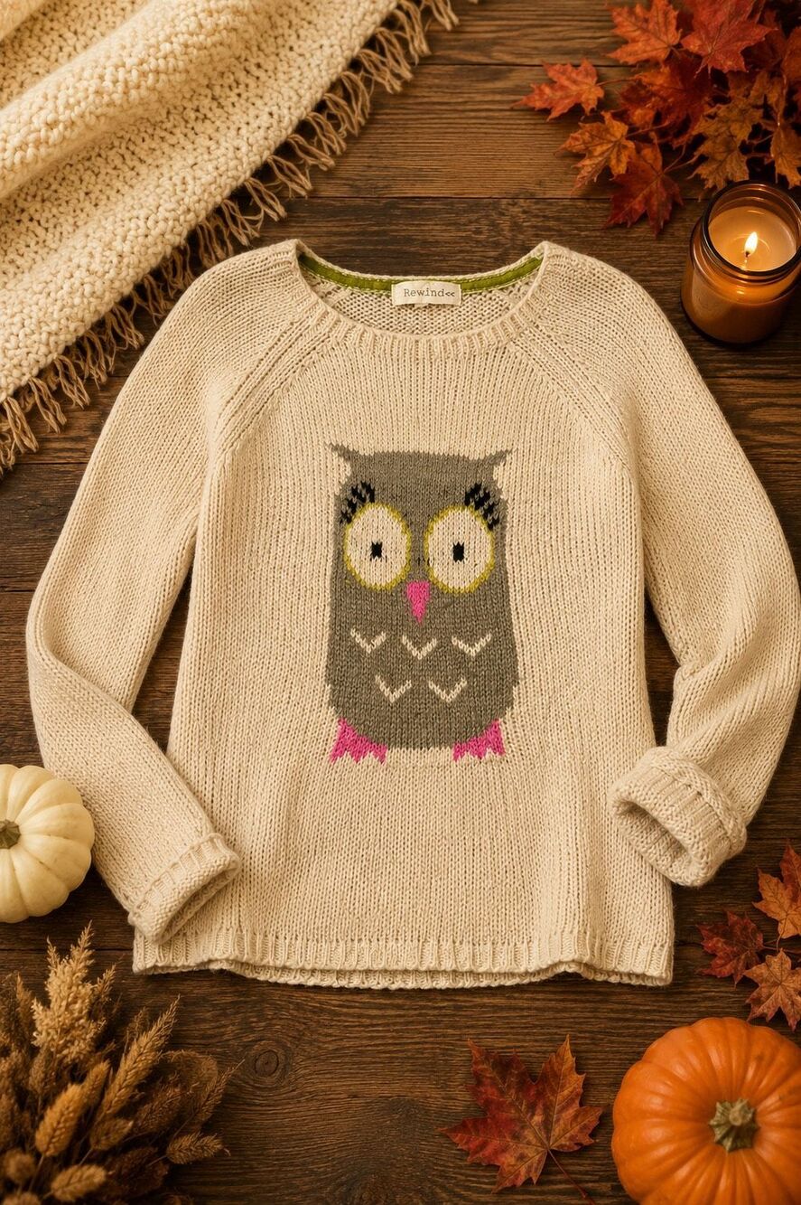 Rewind Women’s Large Cream Owl Sweater Knit Pullover Cute Fall Cozy Cottagecore